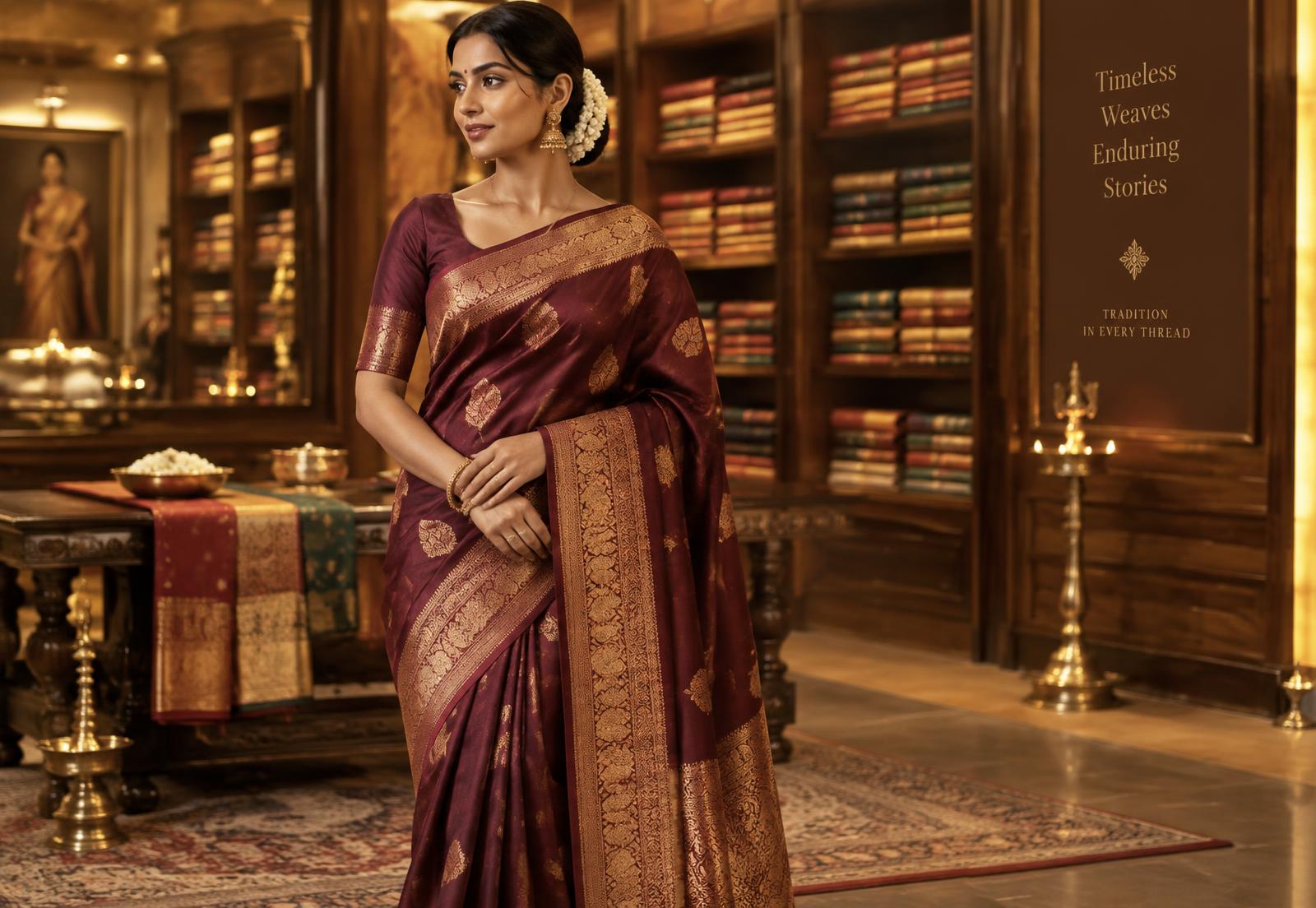 Woman wearing a maroon Banarasi silk saree in the Baba Silk Creation showroom